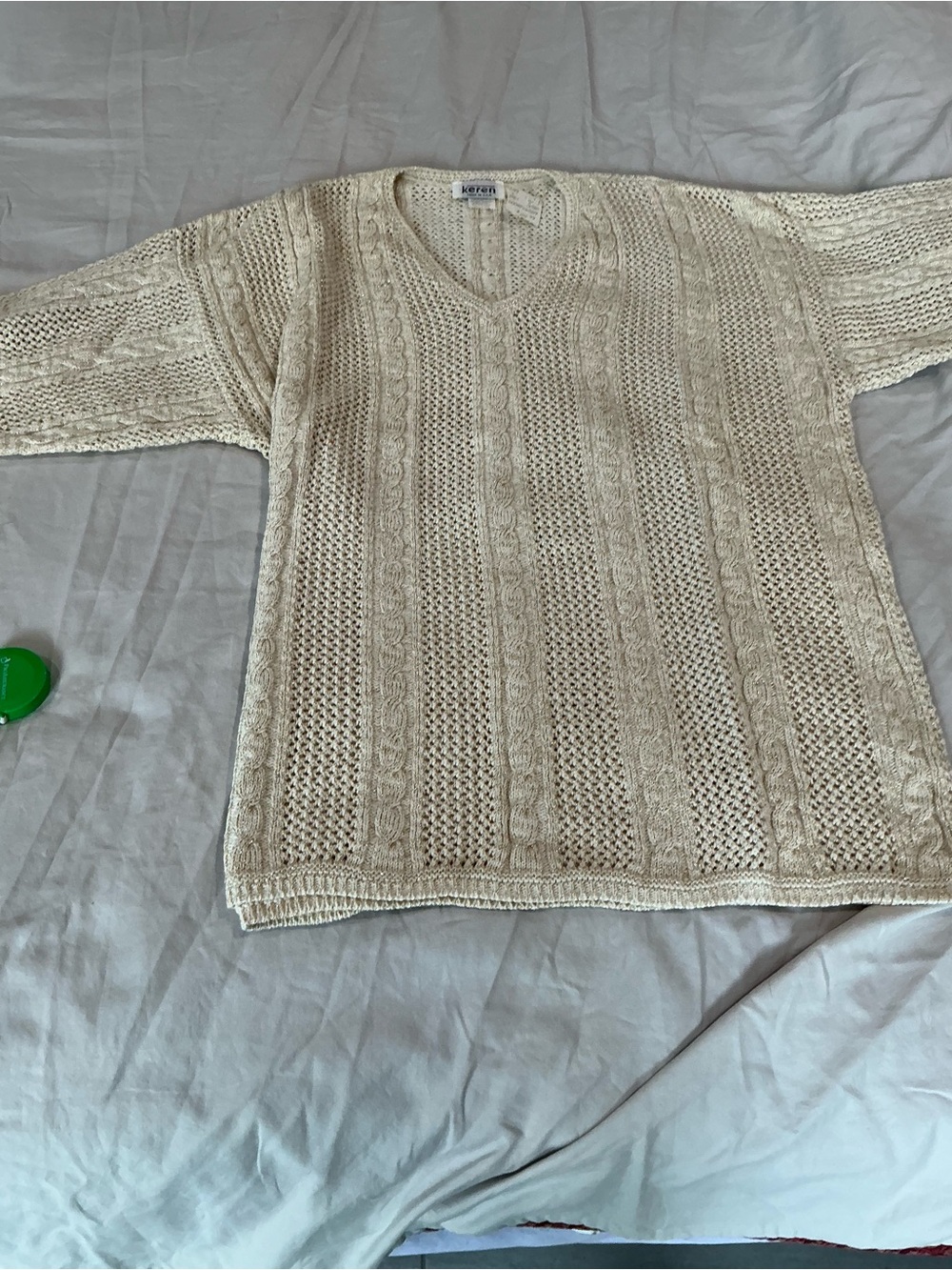 Vintage Keren USA cream, gold metallic cable knit v-neck sweater